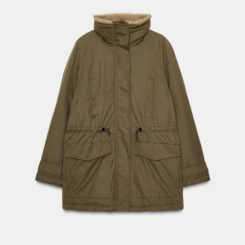 NWT Zara Parka Faux fur Khaki Utility Jacket Zip Pockets High collar Size S